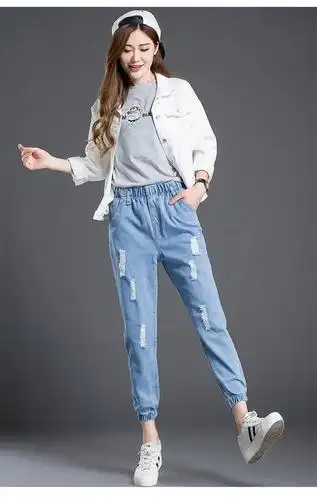 zth 秋季新款 韩版束脚九分哈伦裤女 大码松紧腰牛仔裤女