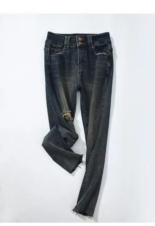 水泥灰牛仔裤女紧身裤2024秋季新款小个子高腰修身显瘦弹力小脚裤