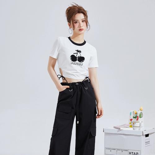 唐狮2024夏季新款女短袖t恤樱桃ins腰部镂空绑带可调节辣妹时尚g