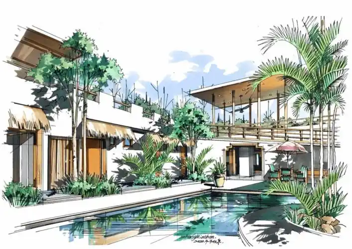 景观手绘精细的室外景观效果图