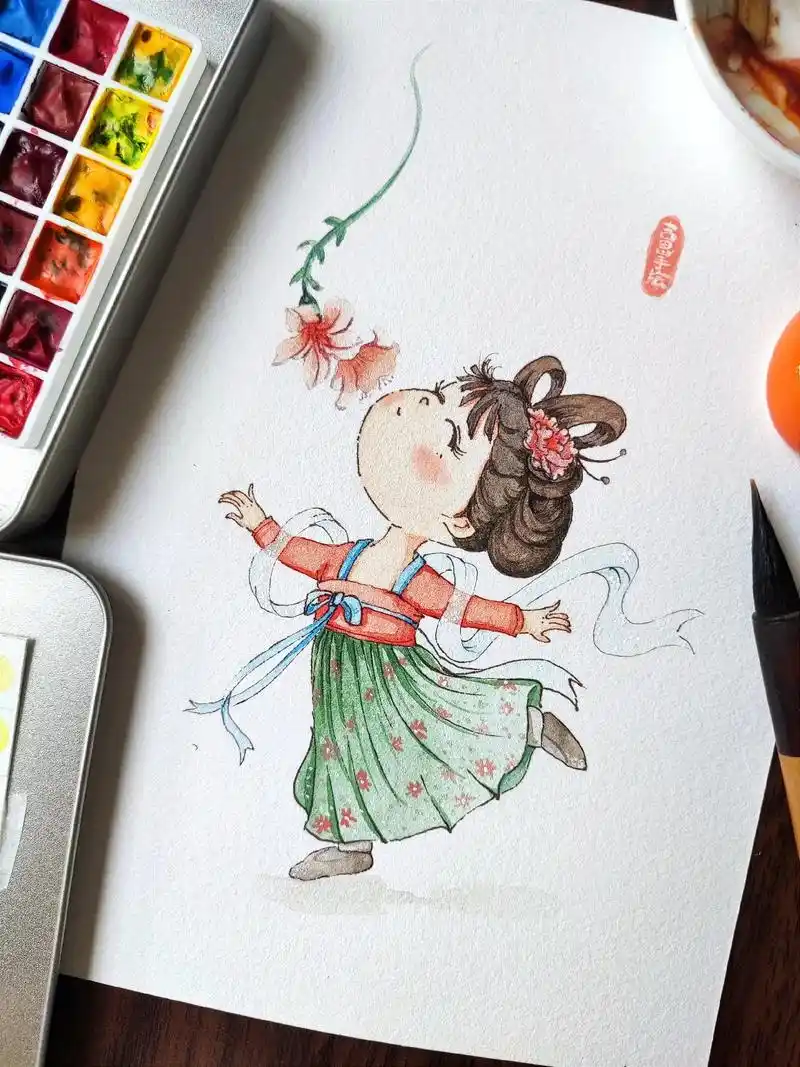 水彩9015q版古风人物闻花香94附步骤.开始尝试新风格.