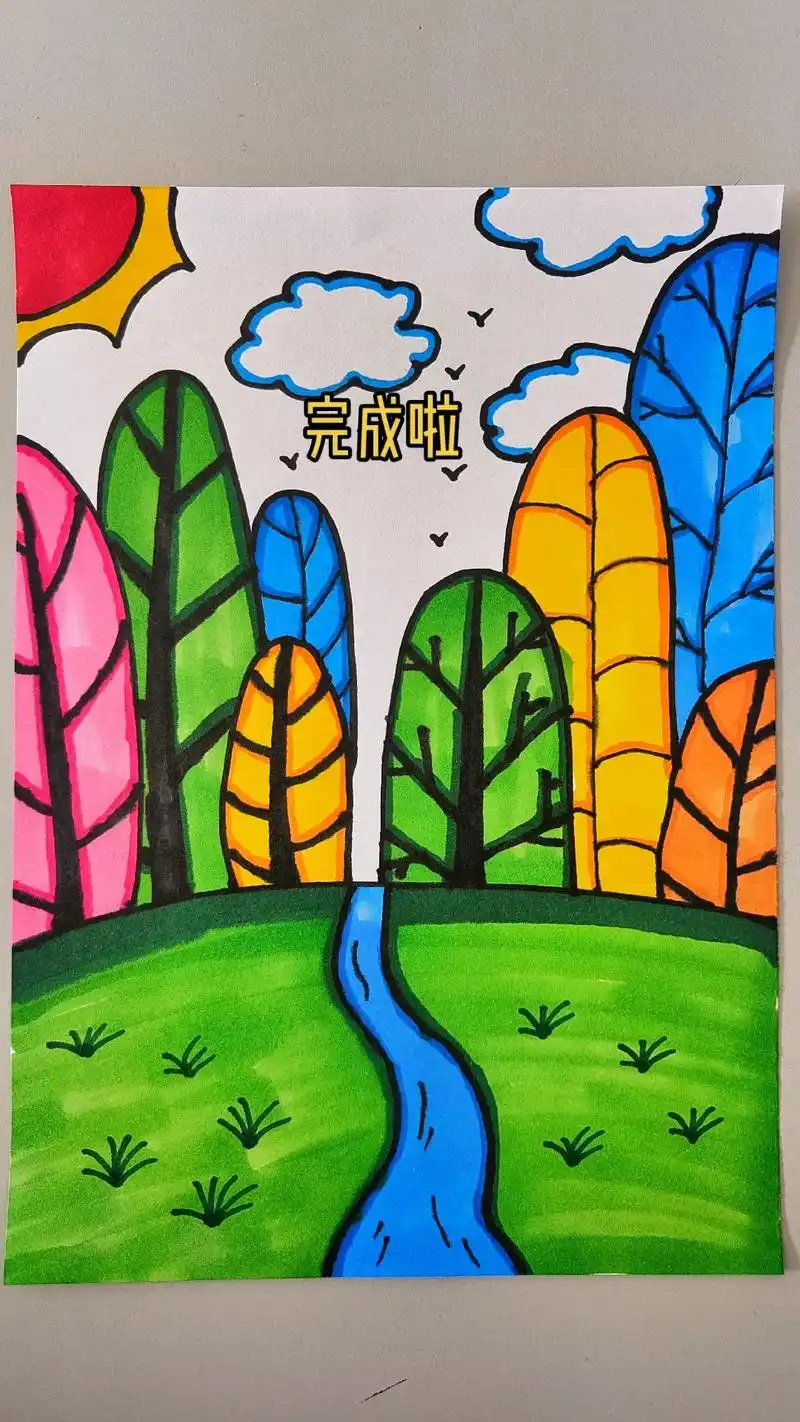 简单画春游儿童画.教你简单画春天儿童画,4-6岁都能学会的儿 - 抖音