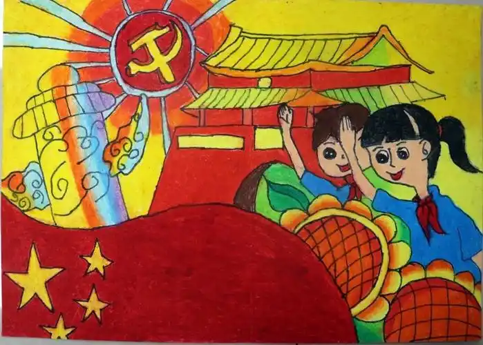 伟大祖国我心中的英雄建党节主题儿童画
