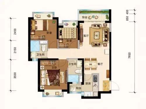 恒大城二期3室2厅2卫户型图
