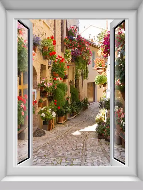假窗户仿真风景画仿真竖款假窗户墙纸贴画3d卧室立体欧洲小镇地中海