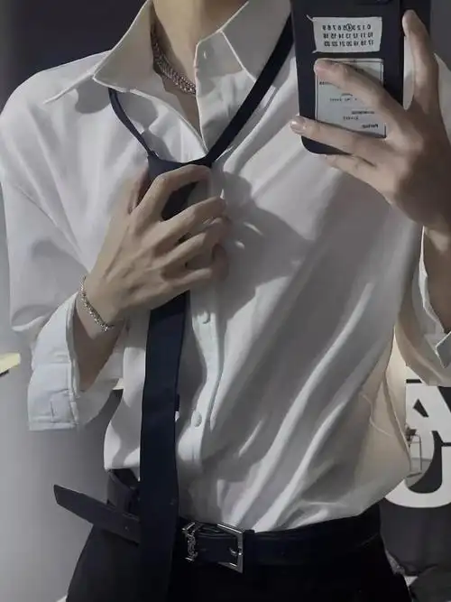 (大量现货)白色长袖衬衫男士垂感上衣宽松禁欲系冰丝凉感dk衬衣 - 17