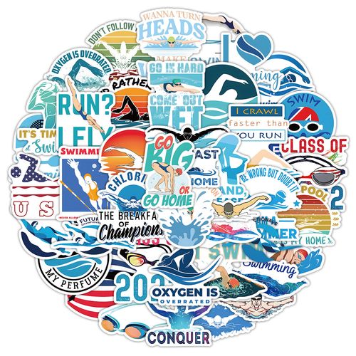 50张新款卡通游泳运动贴纸行李箱笔记本滑板车儿童奖励贴画装饰