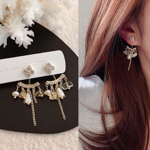 法式超仙女精致复古宫廷风流苏耳环精致锆钻水晶珍珠花朵链条耳饰