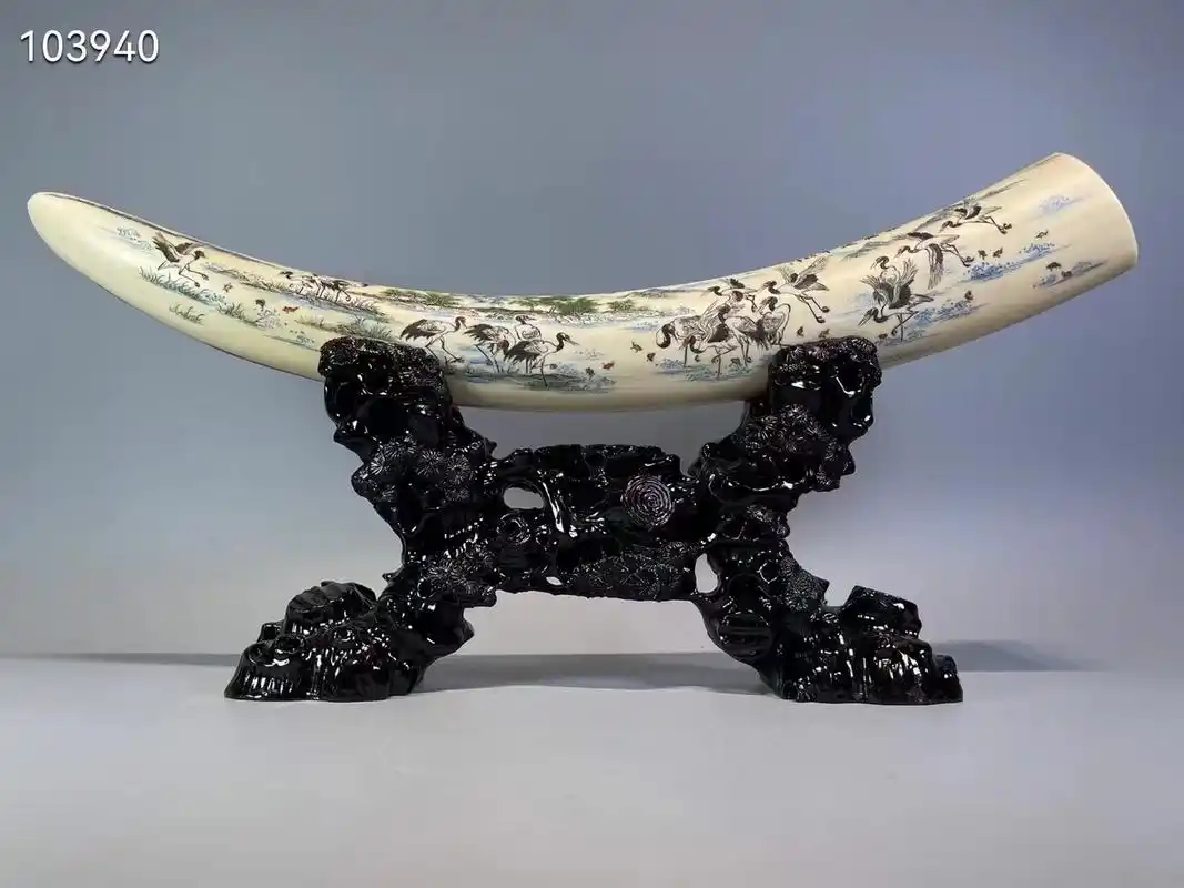 猛犸象牙剥皮【松鹤延年】微雕牙摆97赏摆.