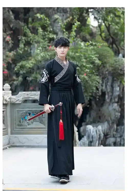 6066改良男装汉服古装 武侠风剑客刺绣花小袖交领襦裙两件套