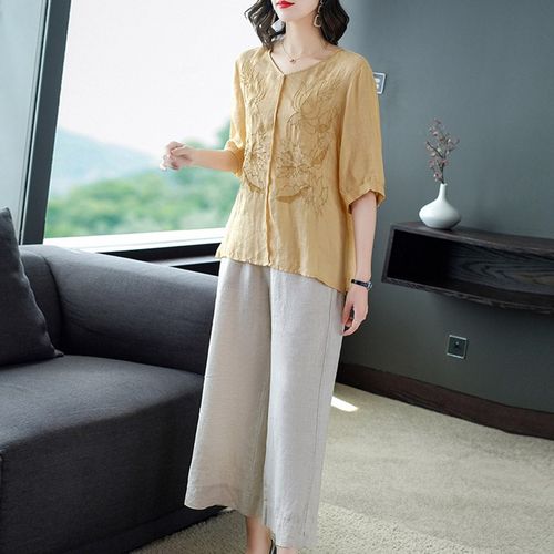 大码复古阔太太太休闲时尚棉麻套装妈妈洋气减龄时尚套装