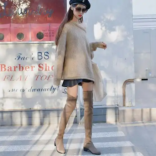 猪二哥2023春秋新款长靴女过膝5050长筒靴瘦腿弹力内增高靴子粗跟