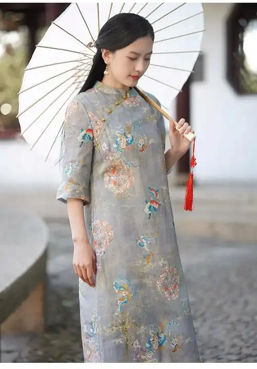 2024苎麻改良旗袍女夏季新款微胖遮肚气质复古显瘦中式棉麻连衣