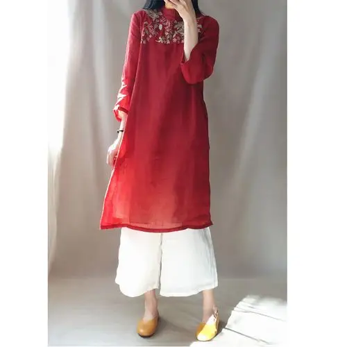 中式刺绣苎麻礼服裙春夏棉麻复古连衣裙红色旗袍江南古典茶服女装