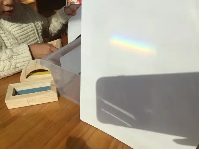 颖颖:用手慢慢的转动三棱镜,你看!你看!白纸上出现了一条彩虹!