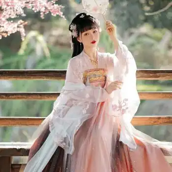 春夏季中国风传统汉服套装女长袖古装裙学生汉服女中国风樱花超仙仙气