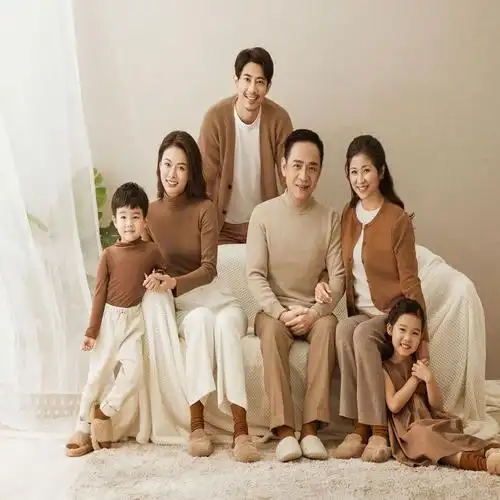 新款全家福亲子照主题服装影楼一家六口室内家居服咖啡色毛衣套装