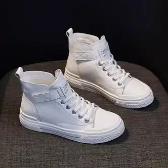 他程百丽高帮鞋女2022春秋款女鞋新款鞋子百搭中帮平底板鞋小白鞋 白