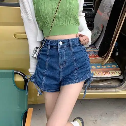 实拍控3 高腰显瘦抽绳牛仔裤短裤热裤女紧身纯欲性感辣妹网红爆款