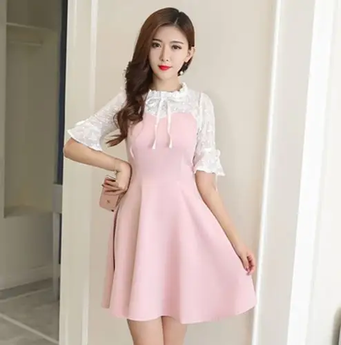 圆领连衣裙女夏季2018春款韩版拼接雪纺系带裙收腰显瘦a字裙 - 搜款网