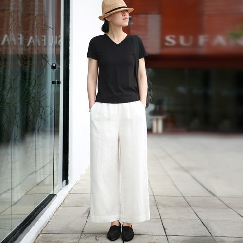 2022年春夏白色亚麻直筒裤女薄款九分阔腿裤女宽松休闲长裤有里布