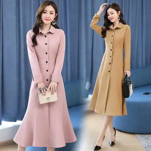 女士秋装新品女装时尚复古气质娃娃领风衣式收腰显瘦鱼尾摆连衣裙