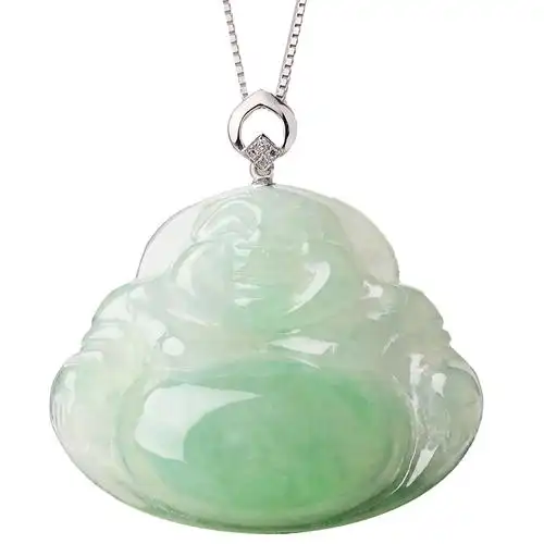 挂坠祥祯翡翠吊坠玉佛18k金扣镶嵌糯冰种笑佛颈饰