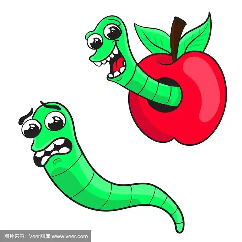 苹果里的卡通虫子,一只受惊的虫子.角色设计,矢量插图.