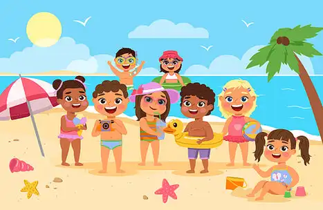 热带度假胜地,海滨景观矢量卡通概念.海滩孩子.