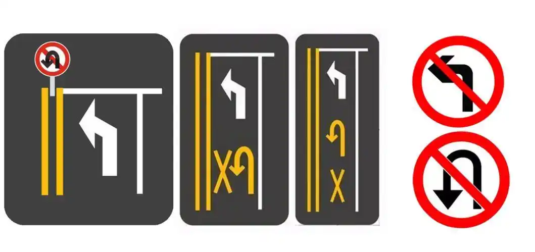 如果路口处出现这些标志,标线的话,都是禁止掉头的.