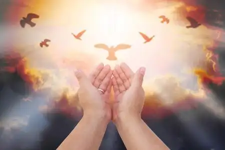 人类的双手张开掌心向上崇拜.圣体圣事治疗保佑他照片