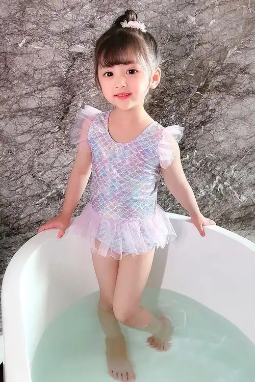 恒孞童装女童七彩美人鱼网纱泳衣连体露背可爱公主度假游泳衣女孩沙滩