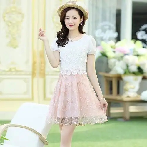 斯蔓轩 夏装女装连衣裙韩版淑女短袖中裙雪纺连衣裙 xxl 香槟色