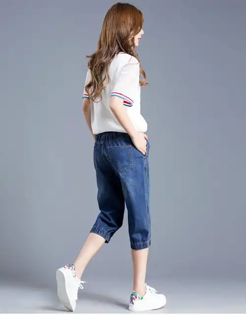 7分牛仔裤女夏2022新款哈伦裤薄款马裤七分裤宽松学生松紧腰7755浅色