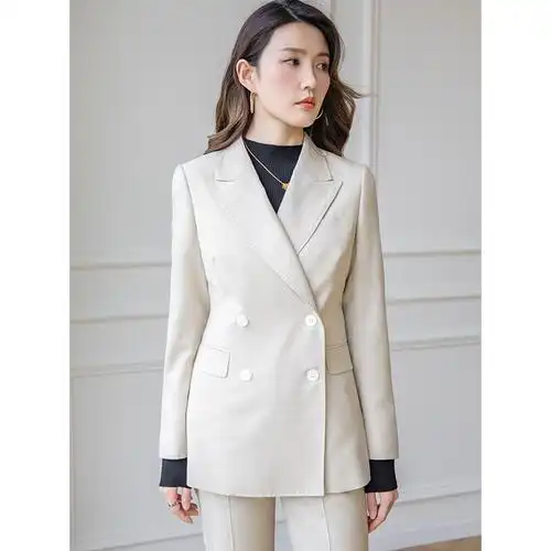 领美欧范高端职业西服套装女修身双排扣正装米白职业西装外套2022