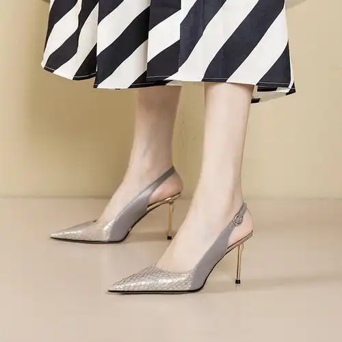 里外全皮细跟尖头搭扣后空单鞋蛇皮漆皮欧韩时尚复古高跟包头凉鞋