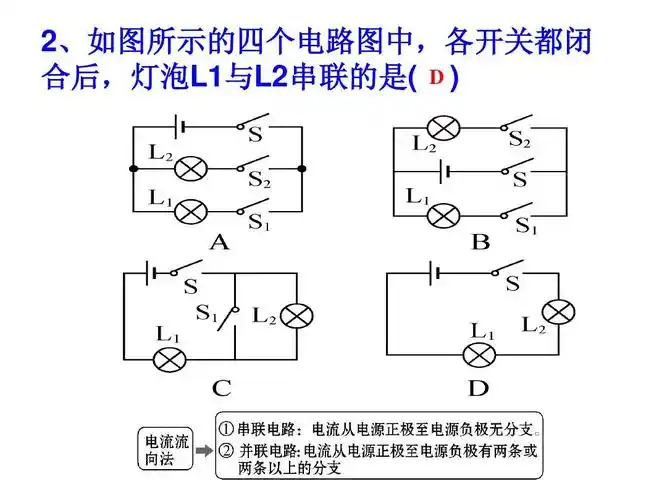 2,如图所示的四个电路图中,各开关都闭 合后,灯泡l1与l2串联的是( d