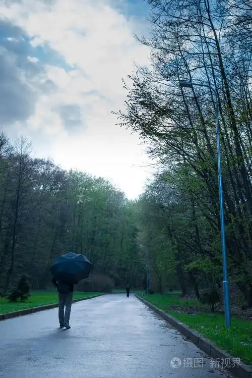 男人在雨天走过公园