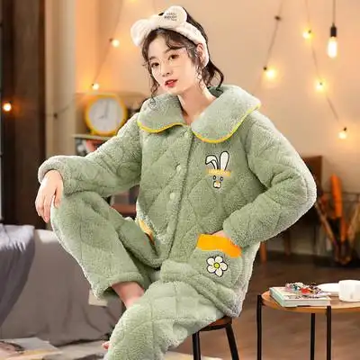 珊瑚绒凯玥女士冬季三层加厚套装秋天保暖棉袄家居服睡衣