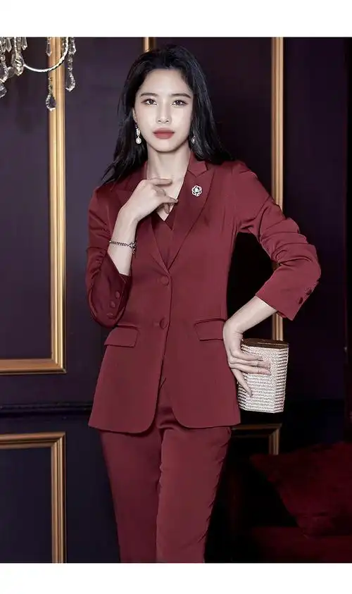 西装套装女韩版时尚气质女神范正装外套酒红色职业装高端西服 西装 m