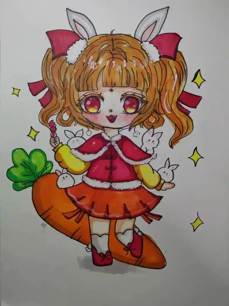 今天画一个兔年小娃娃#画渣日常 #漫画女孩  - 抖音