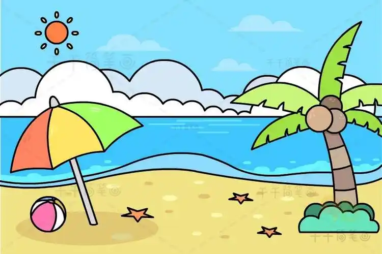 儿童画美丽的沙滩风光涂色画图片_风景涂色画简笔画