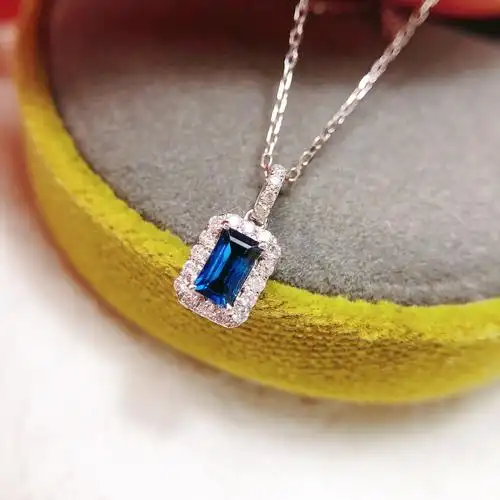 小清新款长方形蓝宝石项链18k金镶嵌天然蓝宝石小项链 主石30分