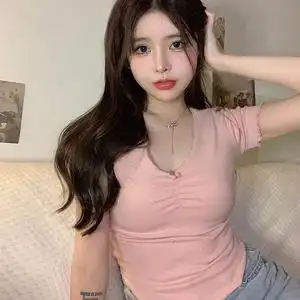 粉色与fafa 上身绝美显胸大v领短袖上衣紧身纯欲茶里茶气软妹t恤