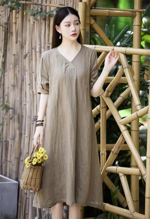 文艺棉麻女装2022春夏新品36支亚麻面料肌理五分袖连衣裙