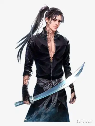 长刀黑衣杀手古风手绘png素材透明免抠图片-卡通手绘-三元素3png.com