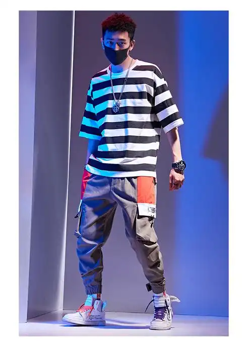 hm服饰 官方旗舰男装店t恤男原创韩版嘻哈潮牌男七分袖t恤 黑白 m