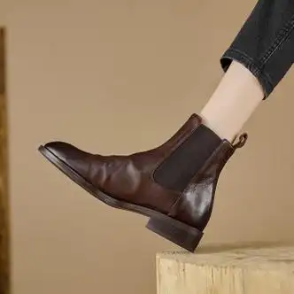 复古切尔西靴女秋冬款圆头小短靴平底做旧褶皱马丁靴黑色单里单层34