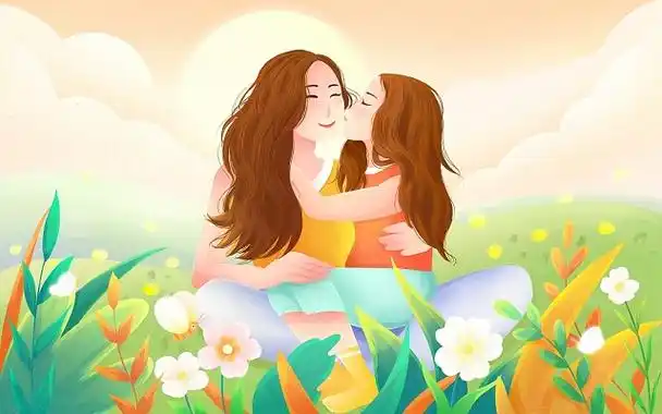 温馨母女卡通母亲节插画开心母女psd素材