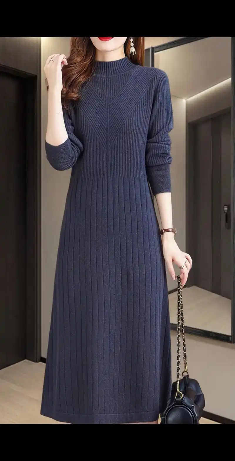 秋冬半高领中长款羊毛连衣裙女时尚针织内搭羊绒毛衣过膝打底裙子